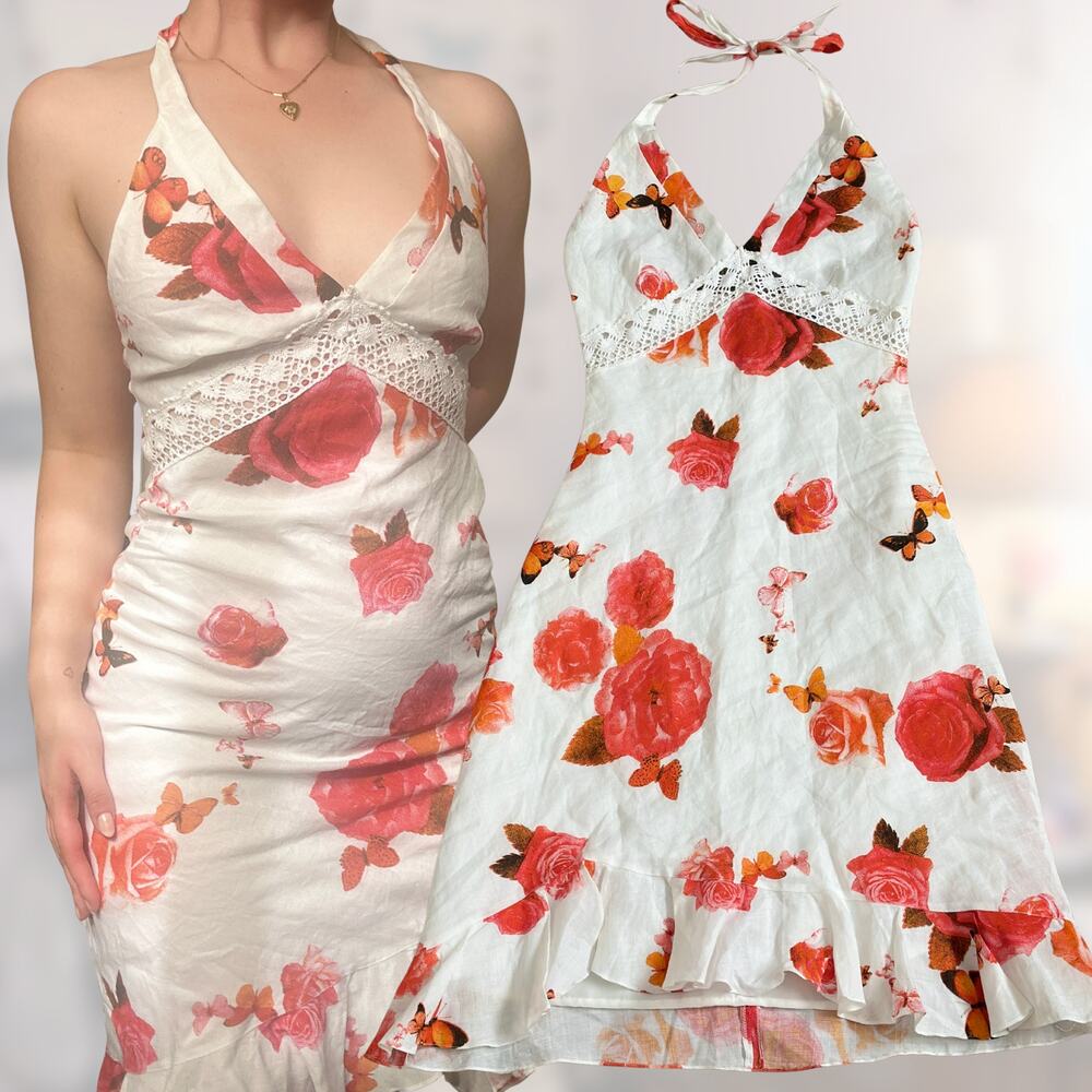 Vintage Custom Midi Dress S Butterfly Floral Rose Halter White Crochet Orange